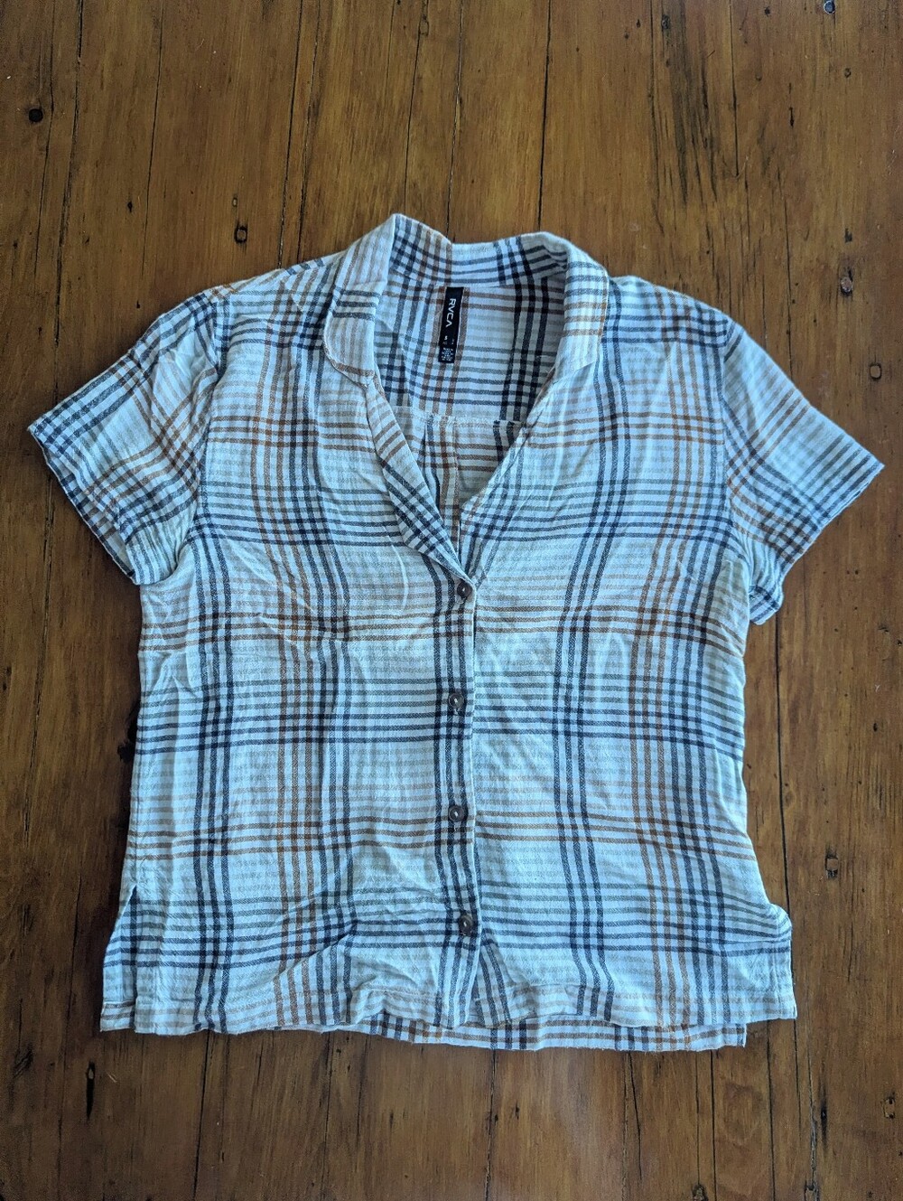Light Camel and Charcoal Plaid Button-Front Short Sleeve Top